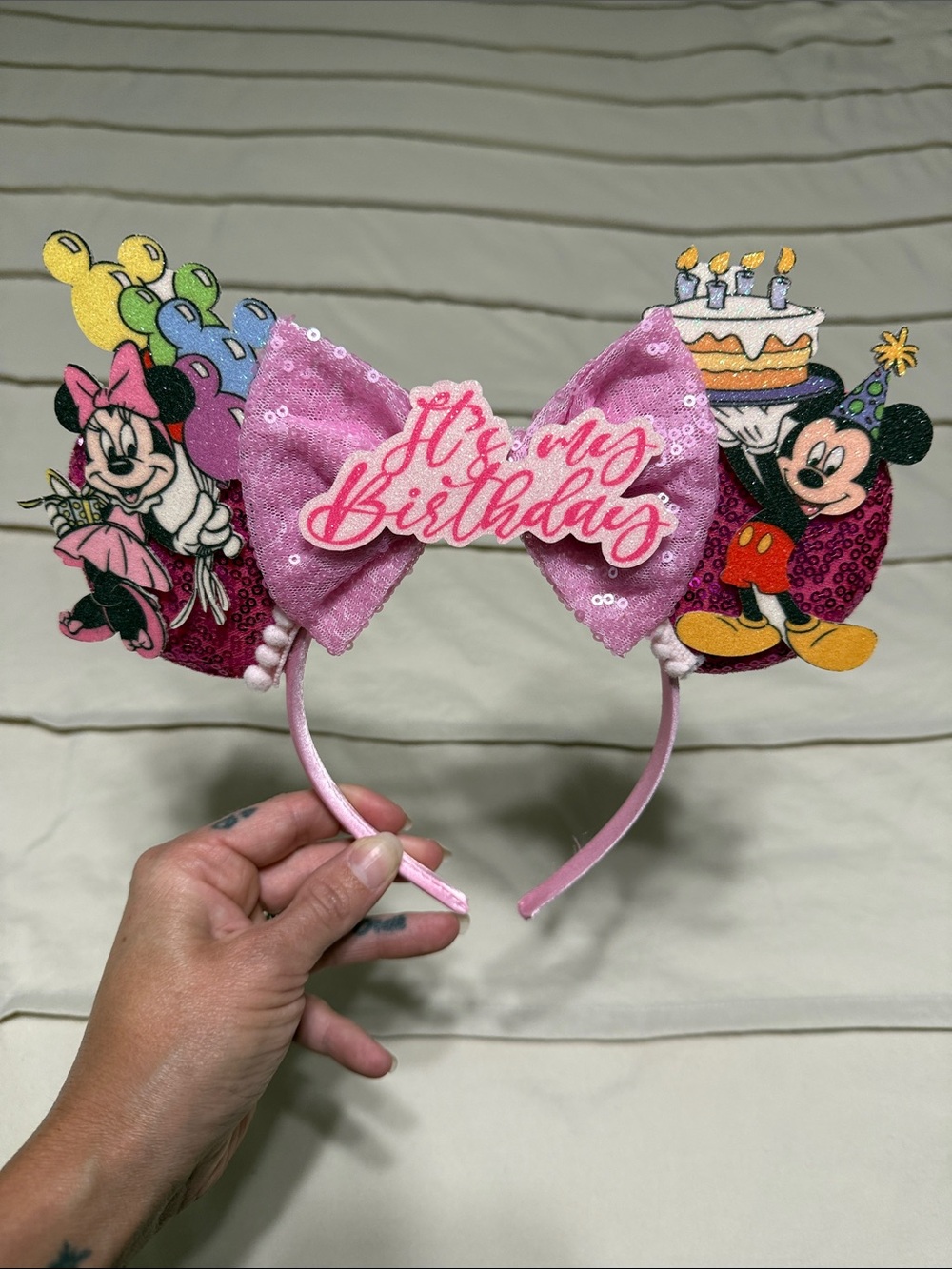 Disney Pink Sequin "It's My Birthday" Minnie & Mickey Ear Headband
